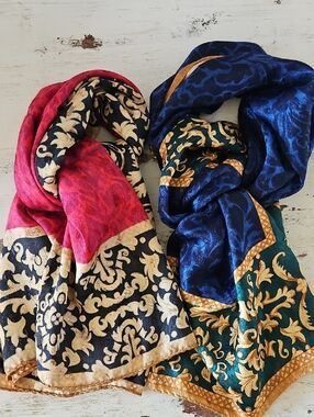 2 Liz Claiborne Scarves, Red, Navy & Teal Floral Damask, 35" Squares